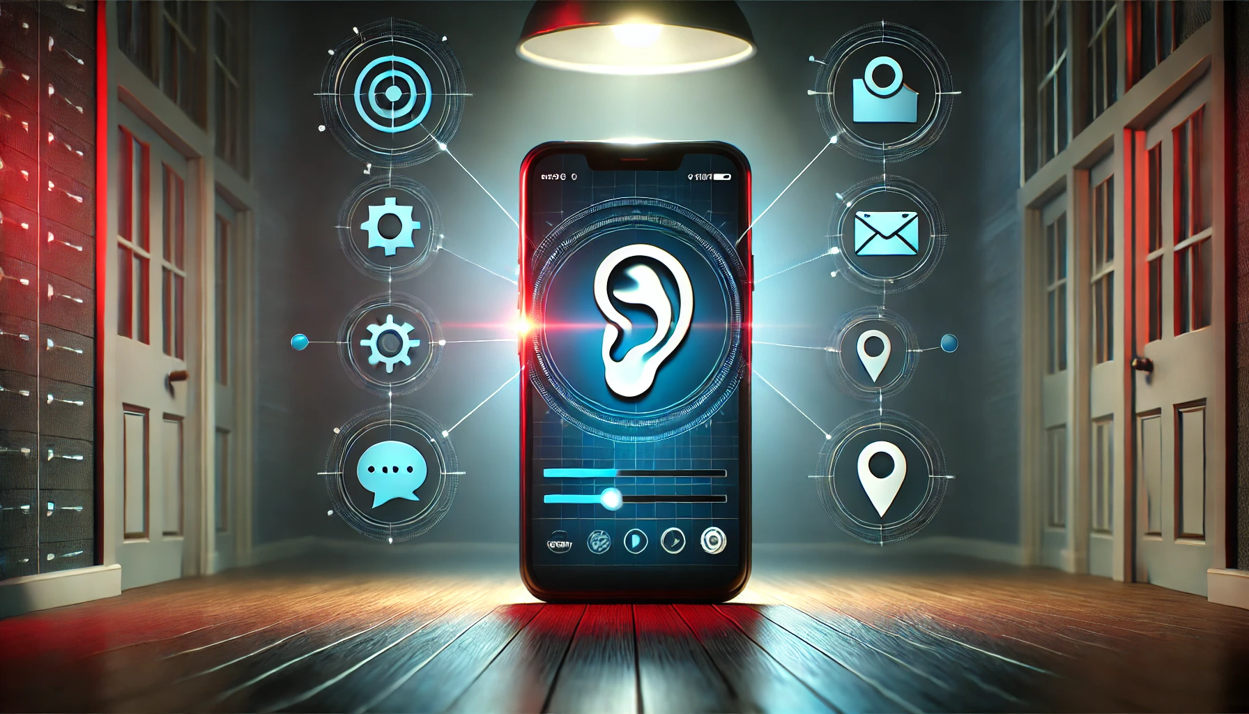 Dall·e 2025 01 27 15.54.10 A Conceptual Image For A Blog About Data Privacy In The Age Of Smart Devices. The Image Shows A Smartphone With An Ear Icon Hovering Over It, Symboliz